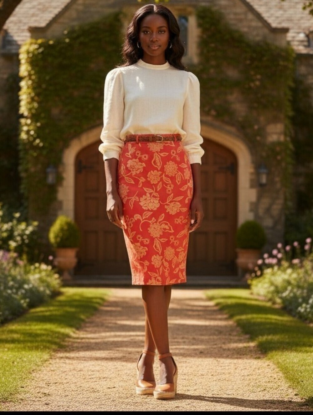 Josephine Chaus 100% Silk Floral Pencil Skirt Coral Red Midi Size 8 Luxury